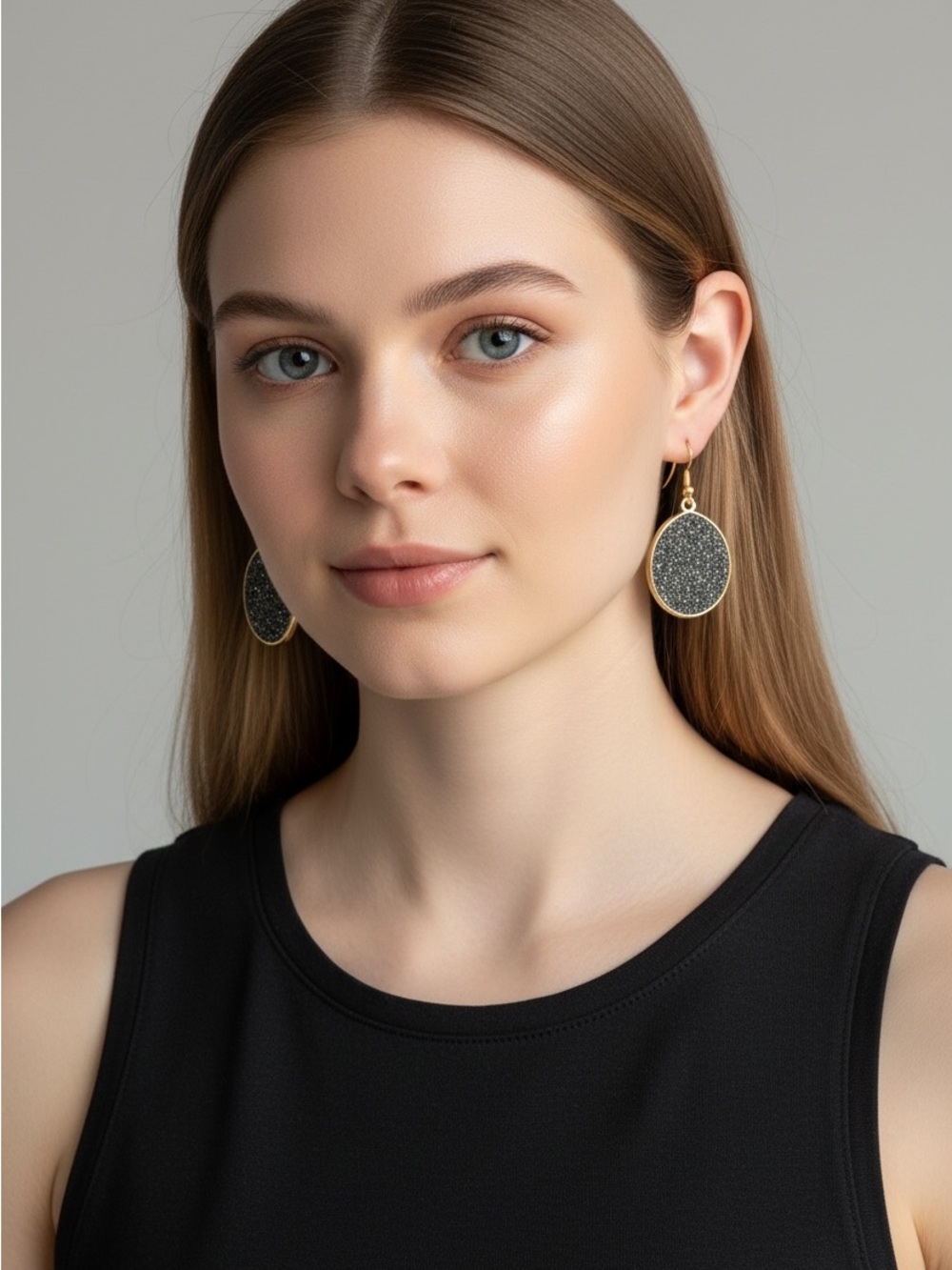 Gold Drop Earrings with Black Sparkle Inlay - Elegant Women's Jewelry
